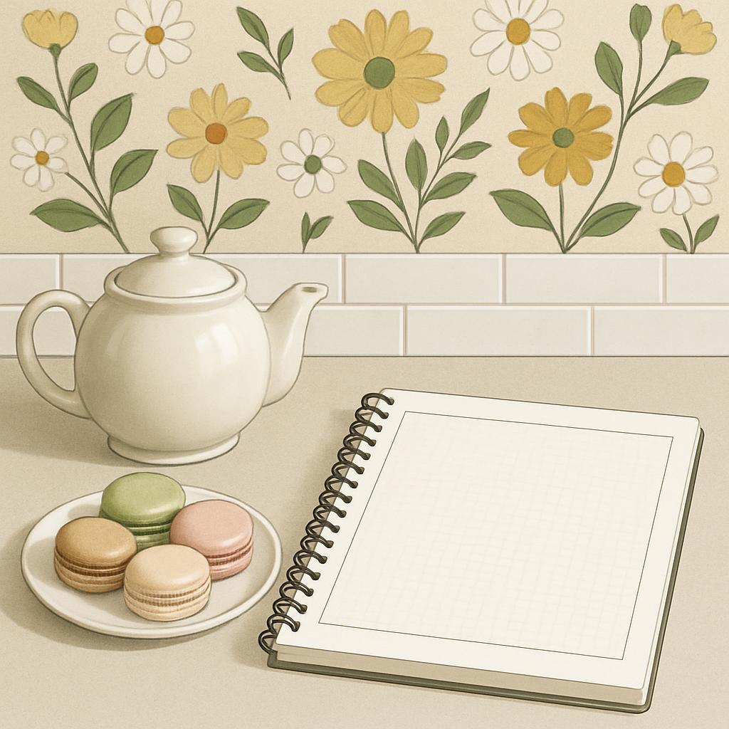 Tea pot on counter with flowers above and notebook on the table.