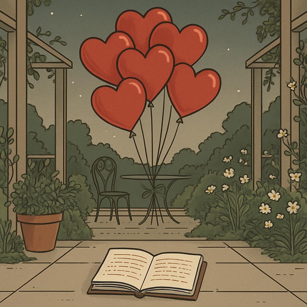 A serene patio scene at night, with heart-shaped balloons tied to a small table, a book lying open on the ground, a chair,...