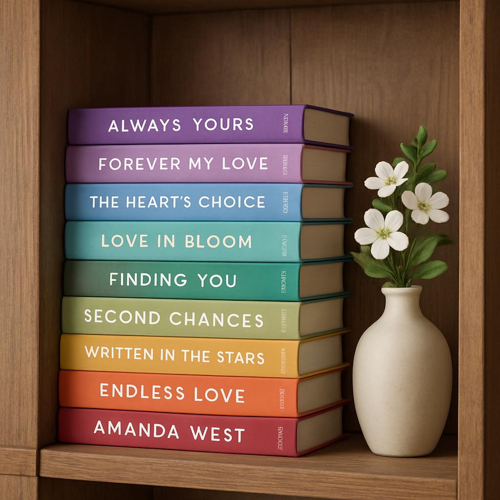 A wooden bookshelf holding a stack of ten books, each in a different, pastel color and titled with an inspirational variat...