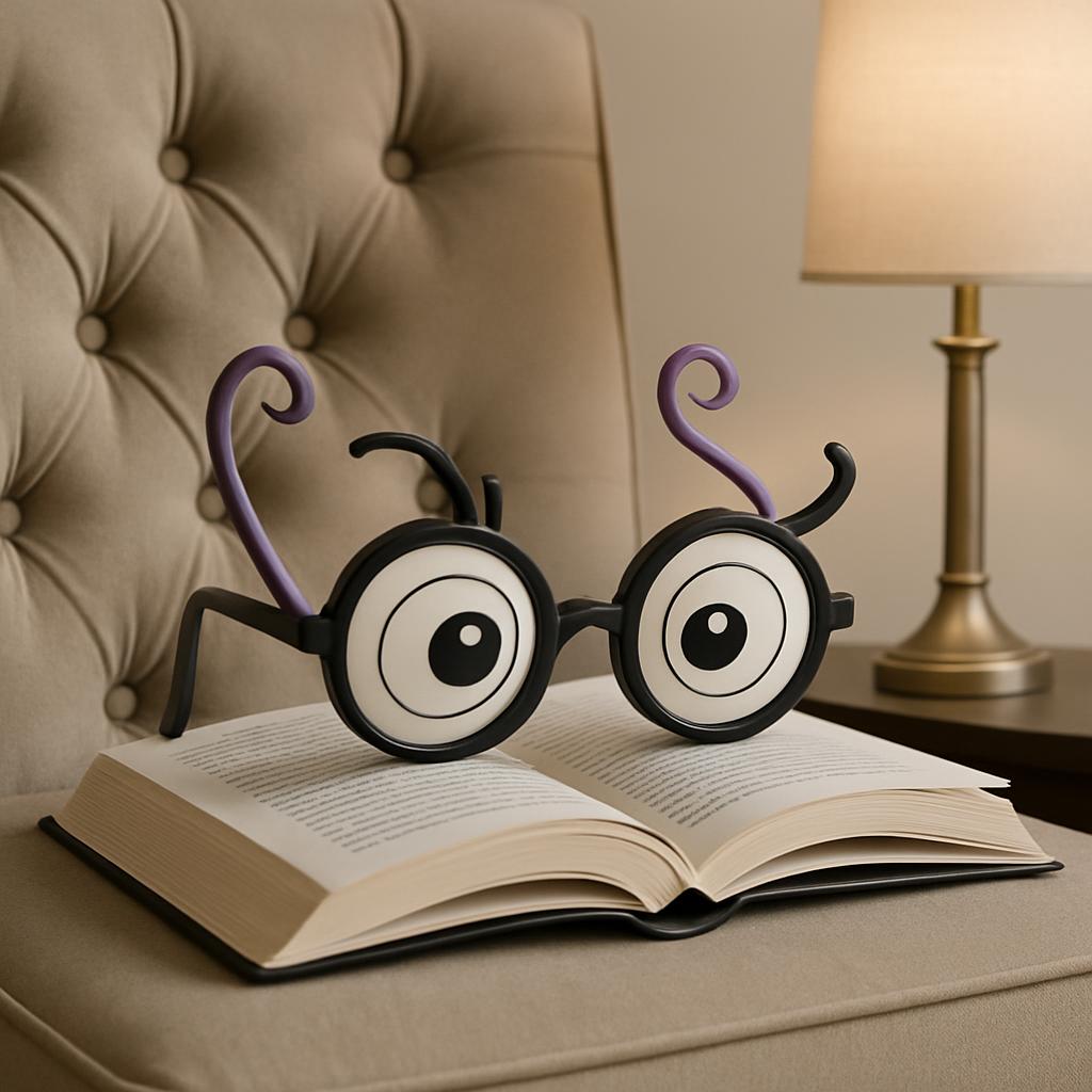A pair of whimsically designed bookends shaped like eyes, with purple stems analogous to antennae, are perched atop a wide...