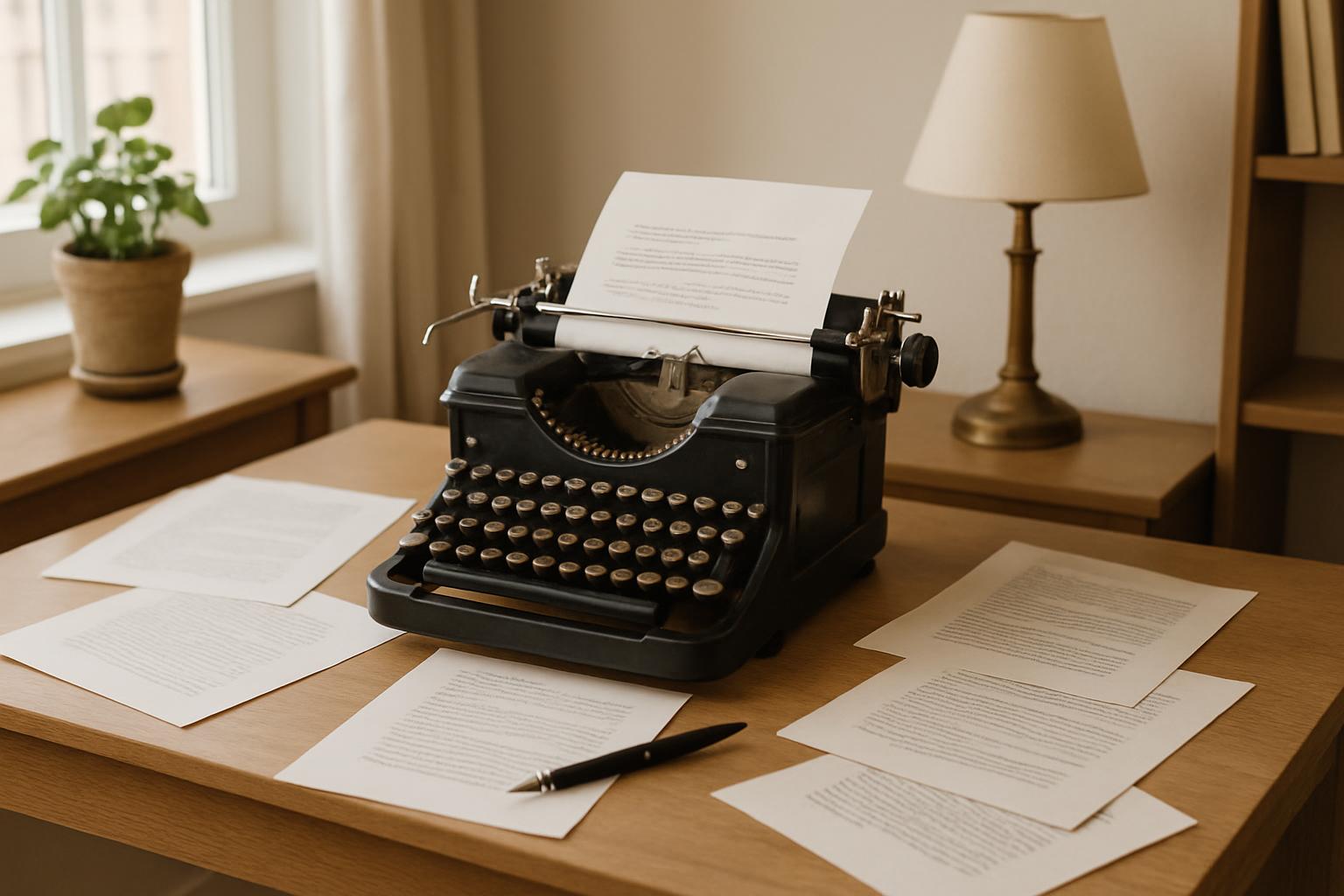A typewriter sits on a wooden desk, surrounded by papers, pen, and a lamp in the background.