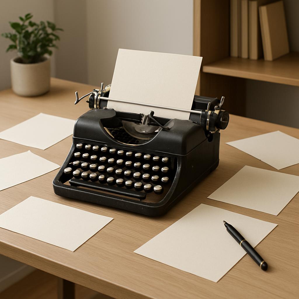 A black vintage typewriter with white blank paper surrounded by stationery and a pen. A small potted plant and a bookshelf...